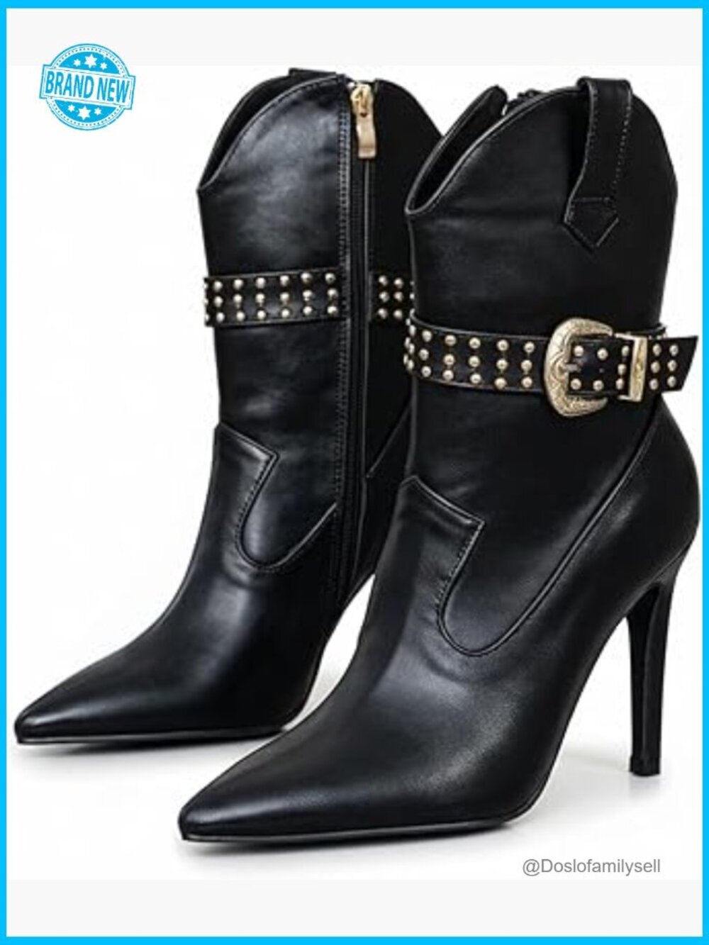 Denim Stiletto Heel Ankle Boots with Studded Buckle Strap Pointed Toe Side